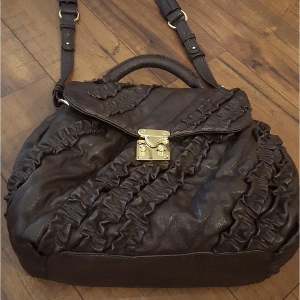 Danielle Nicole Y2K Dark Brown Ruffled‎ Faux Leather Satchel Crossbody Bag